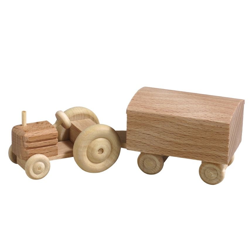 [RW 016_017N_4] Miniatur Traktor mit Anhänger, Naturholz, Koffer