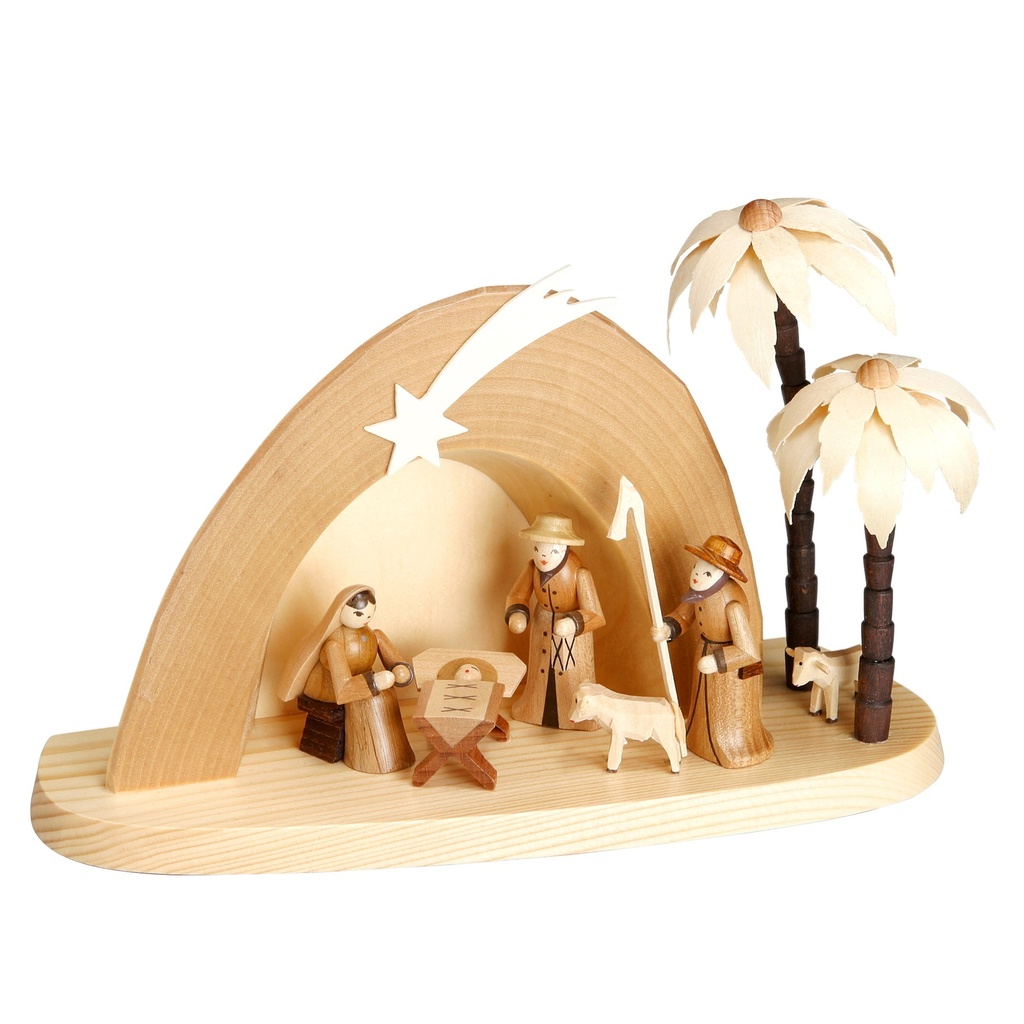 Weihnachtskrippe (Grotte), Heilige Familie, Hirte, Schafe, Palmen