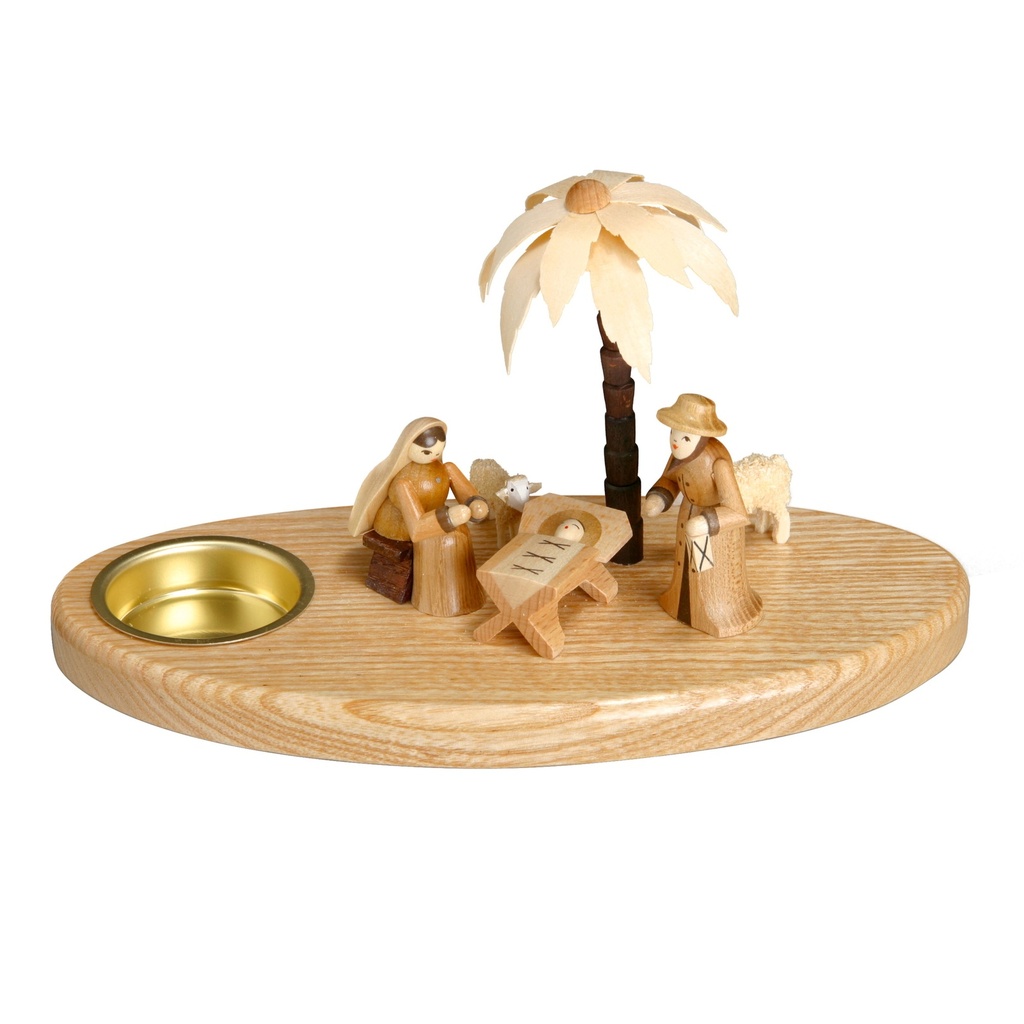 Krippe mit Teelicht, Heilige Familie, Palme, Schafe