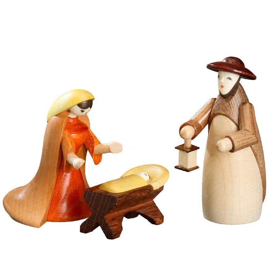 Figurengruppe Maria, Josef und Wiege, farbig lasiert