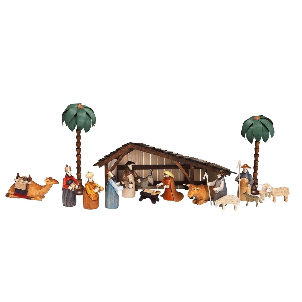 Weihnachtskrippe Stall, Figuren 9 cm, farbig lasiert, komplett