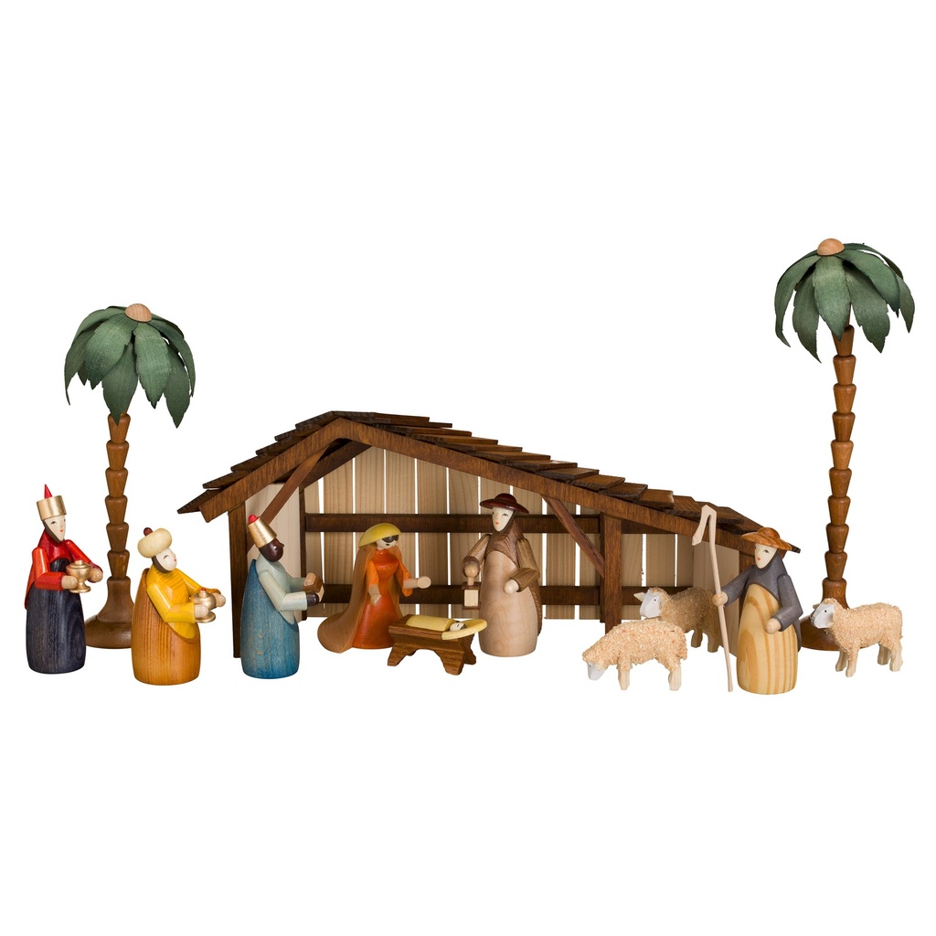 Weihnachtskrippe Stall, Figuren 9 cm, farbig lasiert