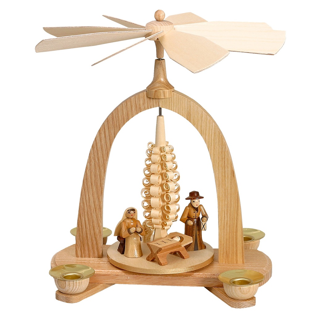 Tischpyramide mit Spanbaum und Krippenfiguren