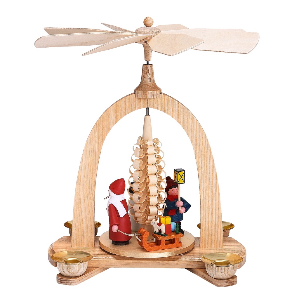 Tischpyramide mit Spanbaum, Weihnachtsmann, Winterkind und Schneemann