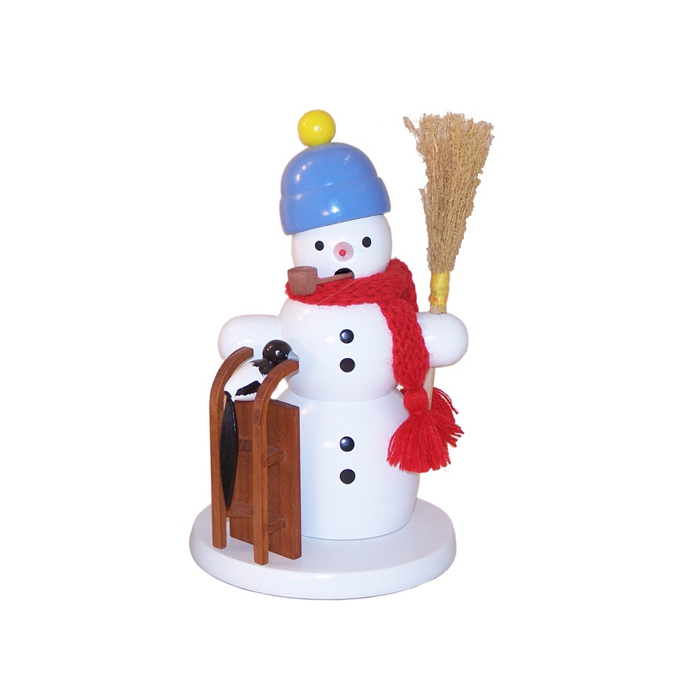 Räuchermann Schneemann mit Schlitten und Elster