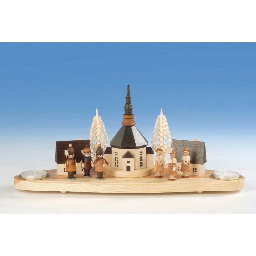 [MKN 200/155 TL] Teelichtsockel Seiffener Kirche, Laternenkinder und Kurrende – natur