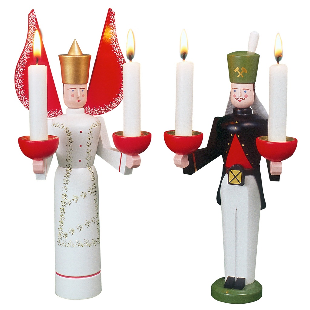 Lichterbergmann und Engel mit getupftem Kleid, 22 cm