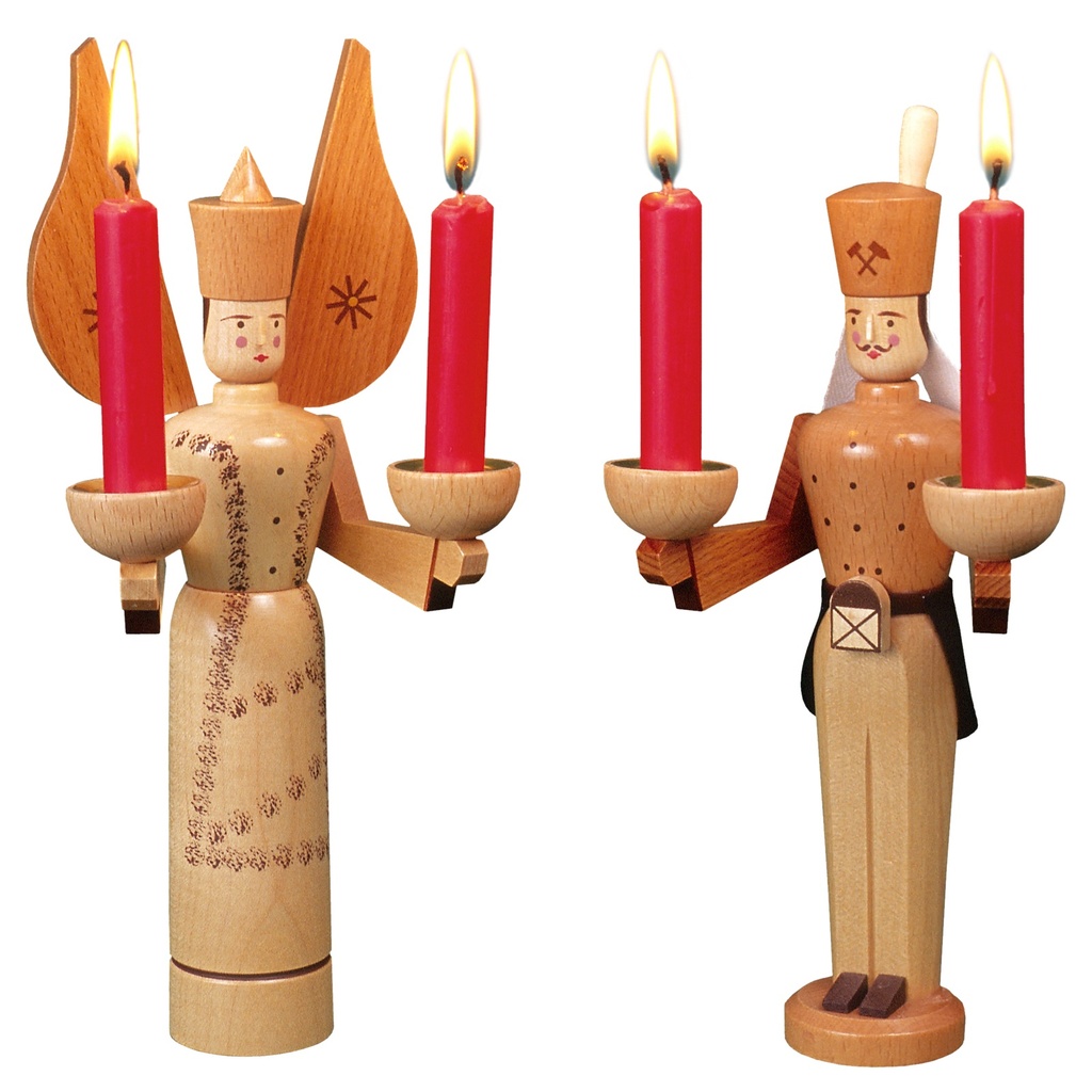 Lichterbergmann und Engel natur mit getupftem Kleid, 22 cm