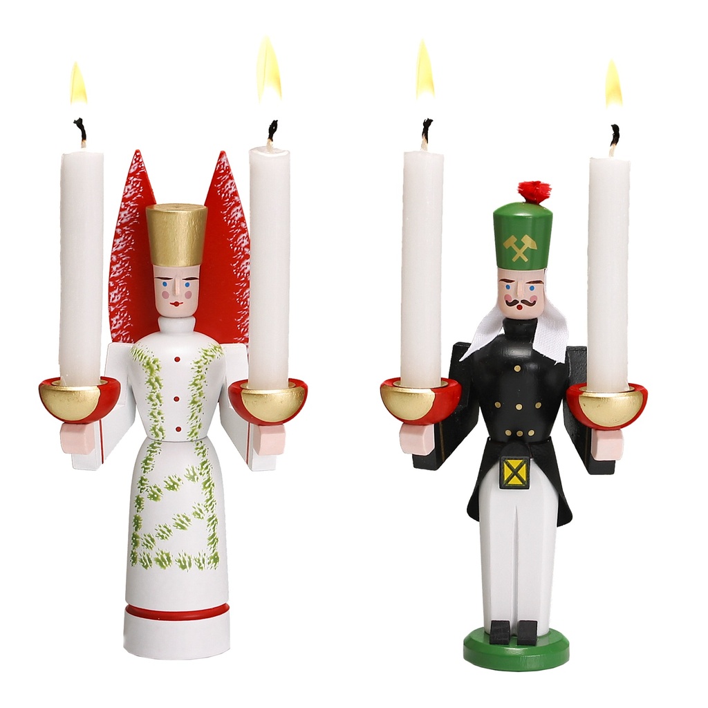Lichterbergmann und Engel mit getupftem Kleid, 13 cm