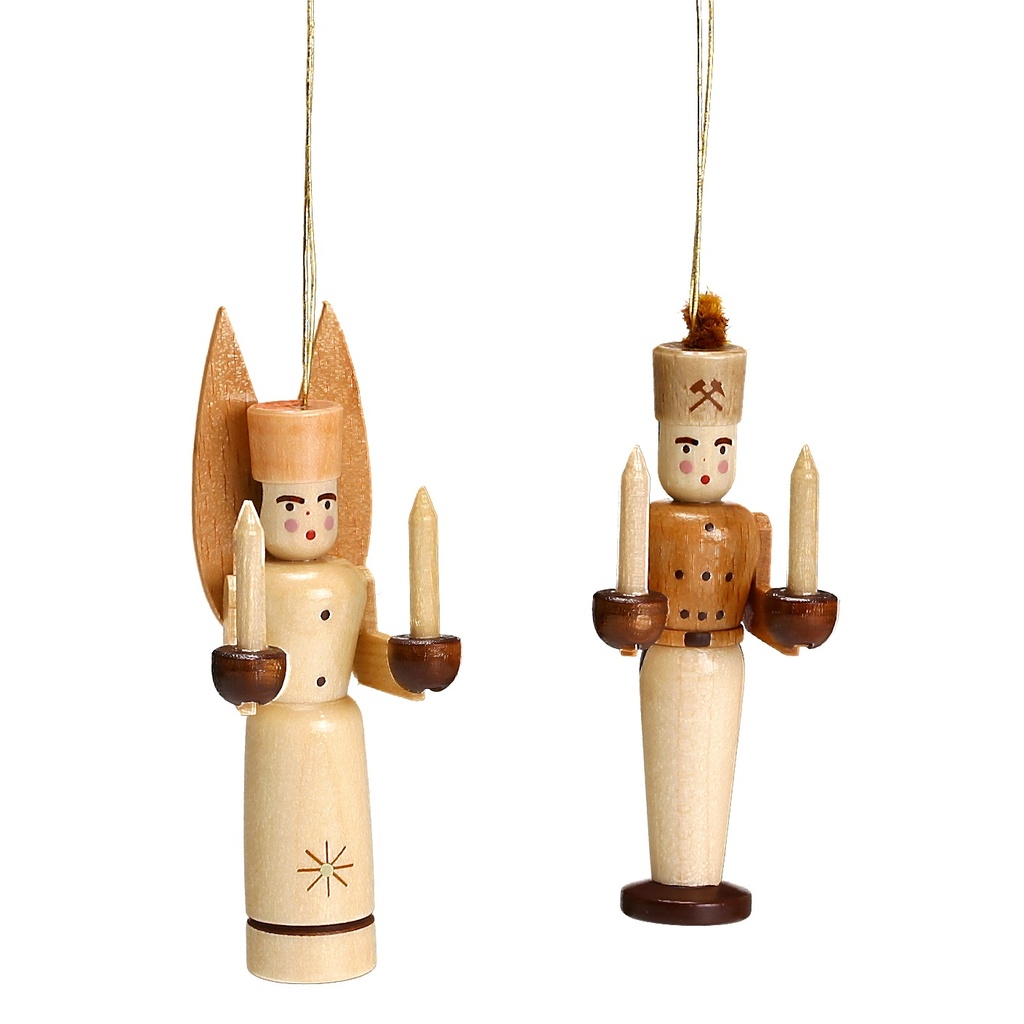 Baumbehang Bergmann und Engel Paar natur, 7,5 cm
