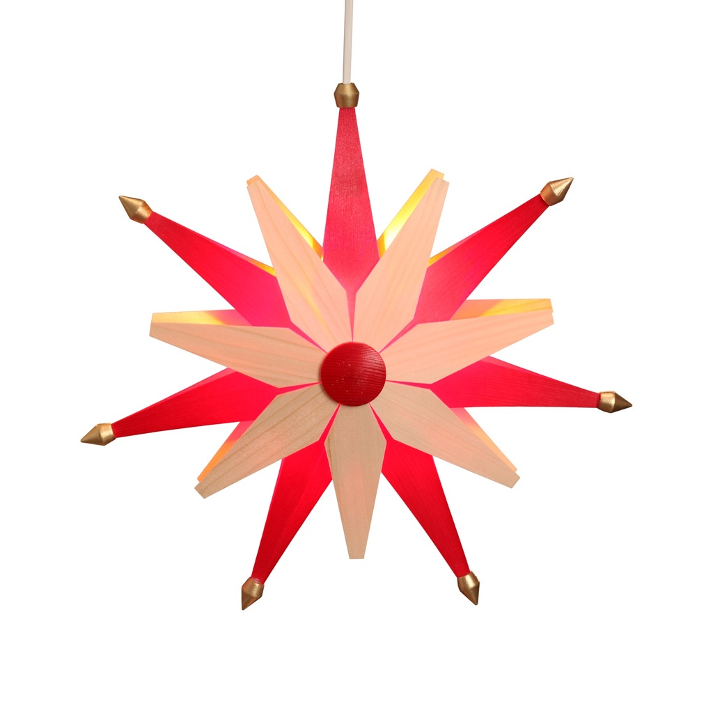 [VK WS 1201] LED-Weihnachtsstern aus Holz, doppelt natur/ rot, 38 cm
