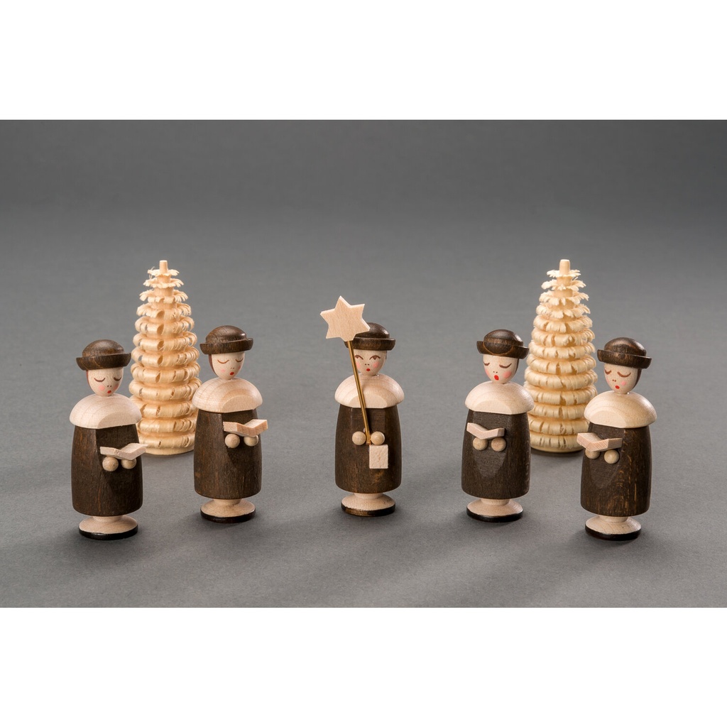 Kurrendefiguren mit Mütze – 1Sternträger, 2 Buchträger, 2 Ringelbäume