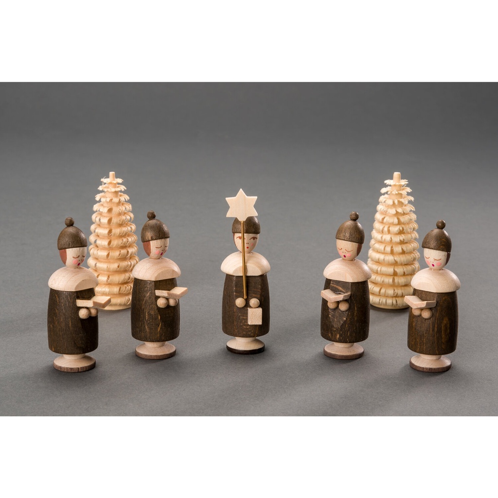 Kurrendefiguren mit Mütze – 1Sternträger, 4 Buchträger, 2 Ringelbäume 