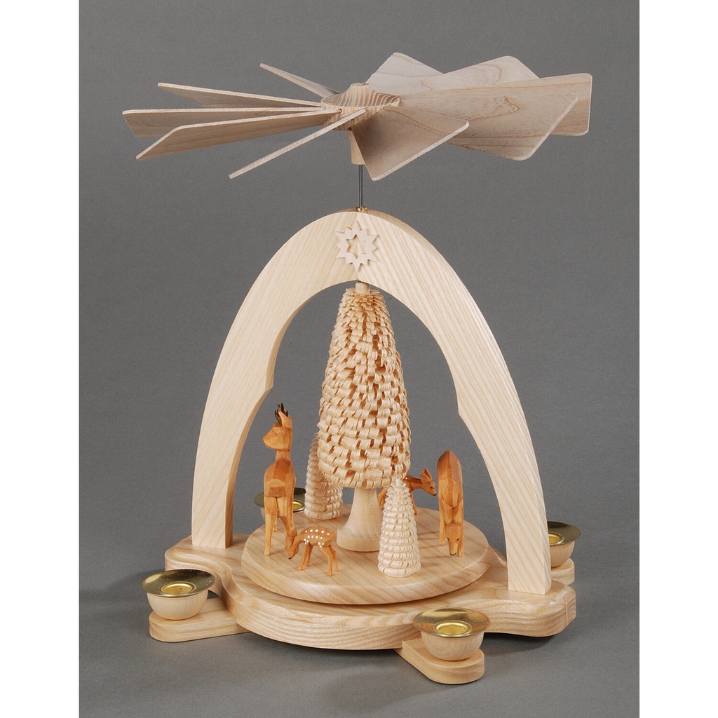 Pyramide, natur - geschnitzte Rehgruppe mit Bäumen