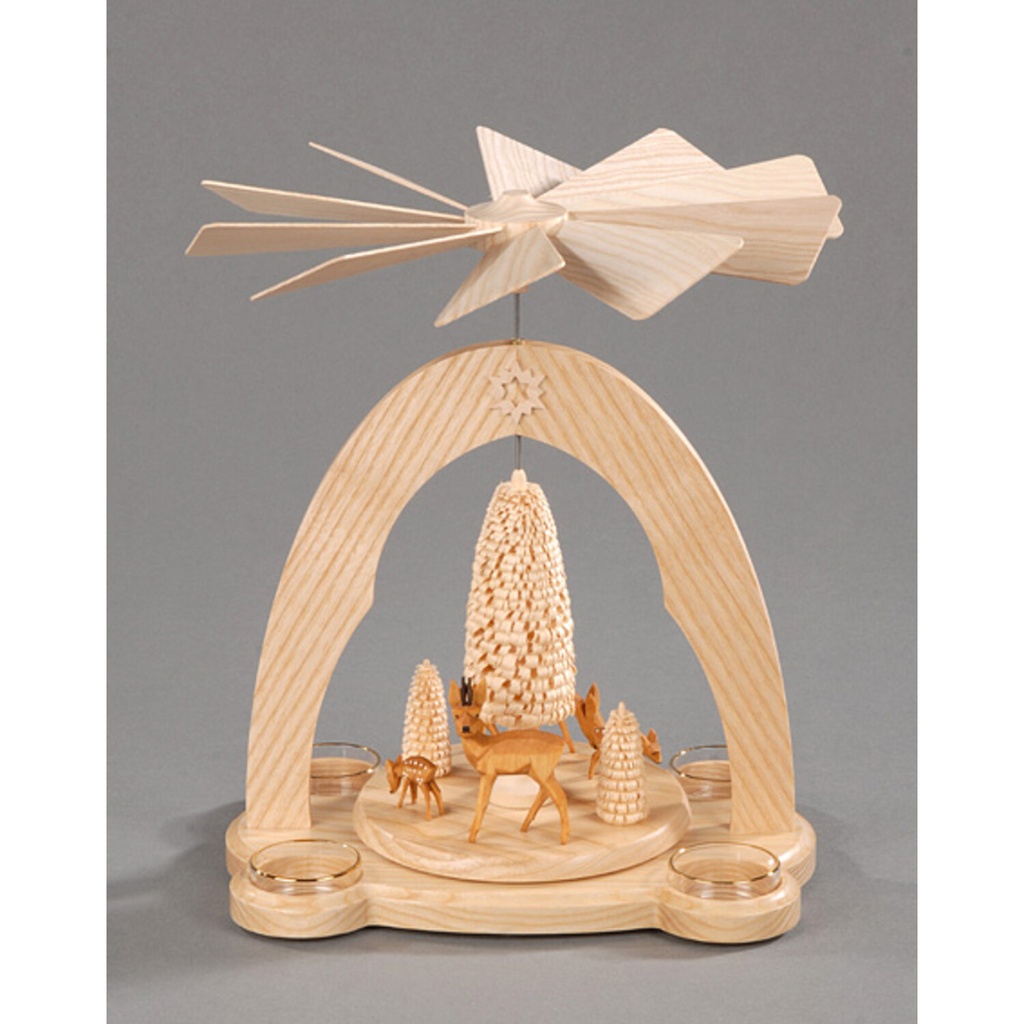 Pyramide, natur - geschnitzte Rehgruppe mit Bäumen