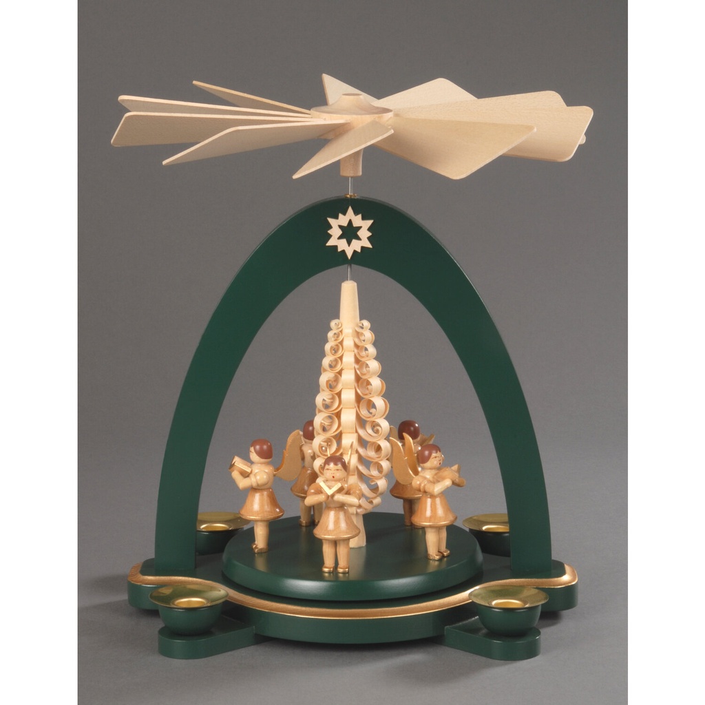 Pyramide, grün - 5 Engel mit Spanbaum