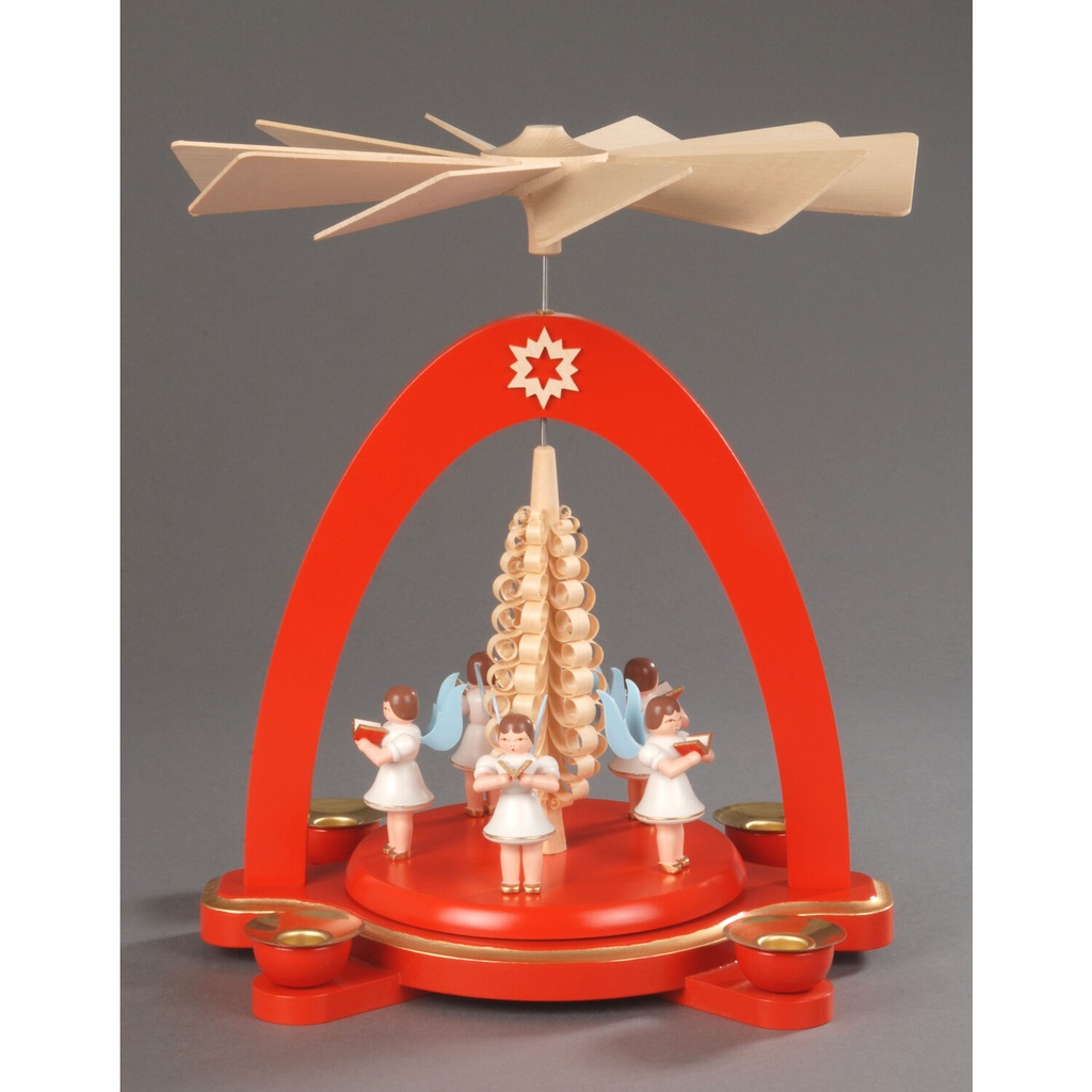 Pyramide, rot - 5 Engel mit Spanbaum