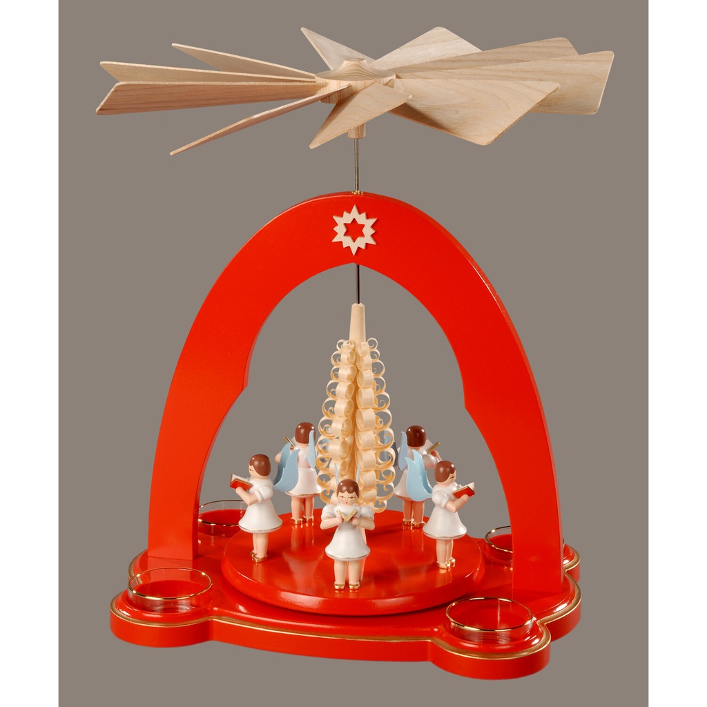 Pyramide, rot - 5 Engel mit Spanbaum