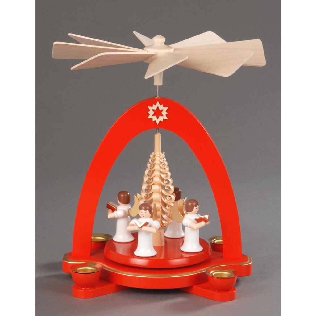 Pyramide, rot - 4 Engel mit Spanbaum