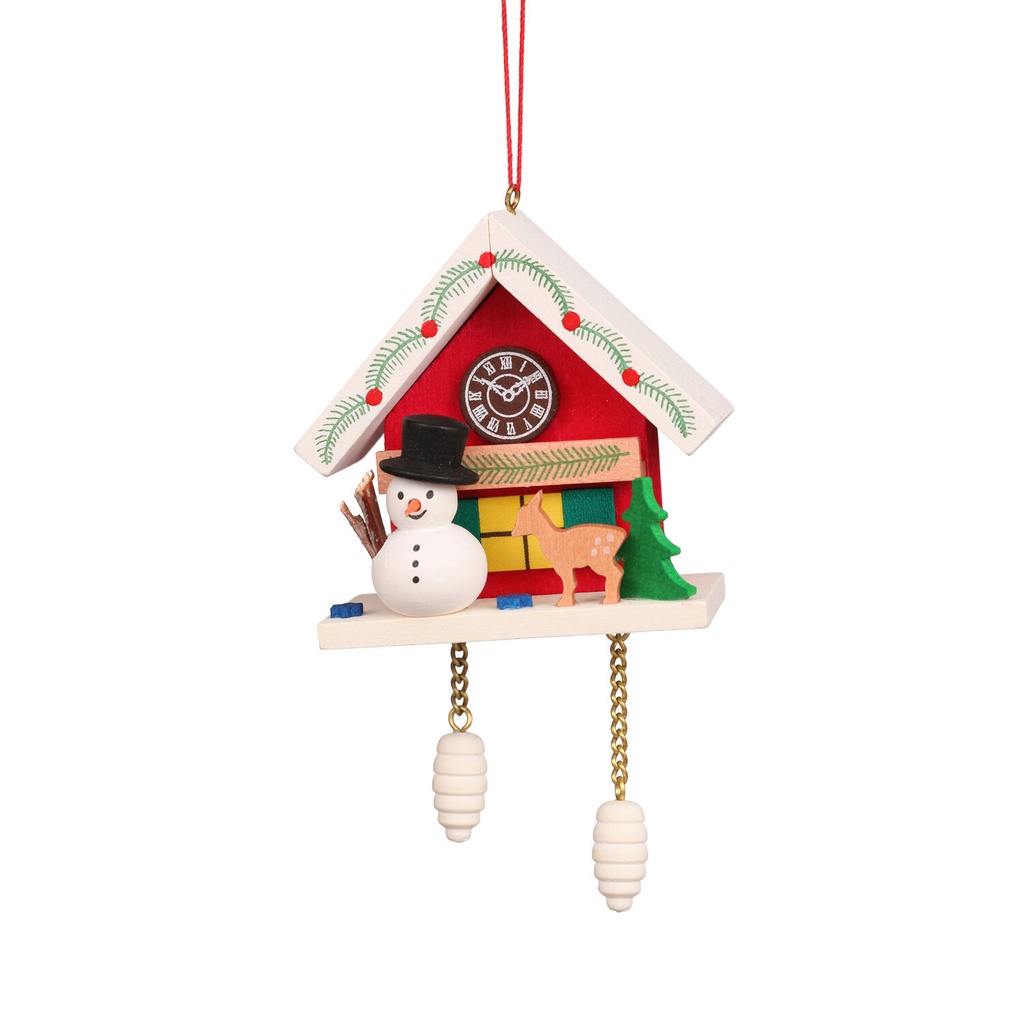 Baumschmuck - Kuckucksuhr rot mit Schneemann