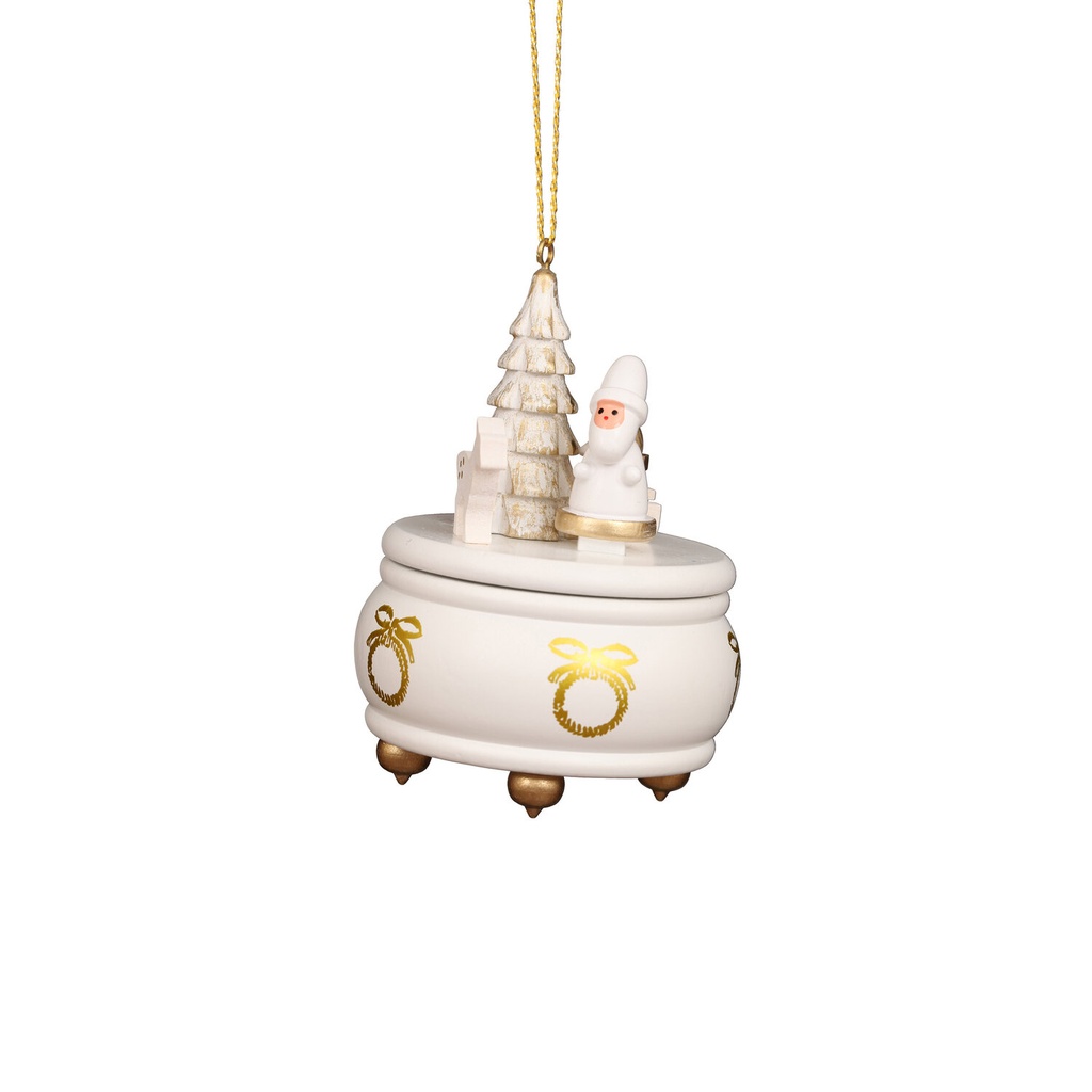 Baumschmuck - Spieldose weiß mit Weihnachtsmann