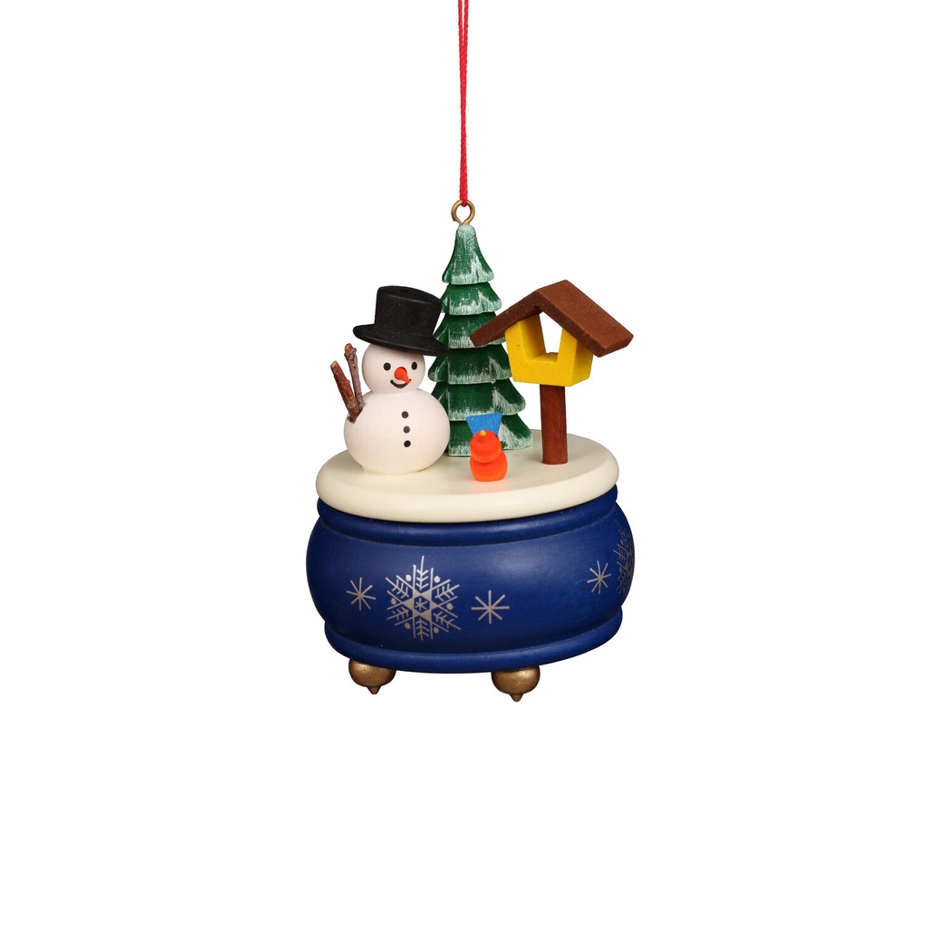 Baumschmuck - Spieldose blau mit Schneemann