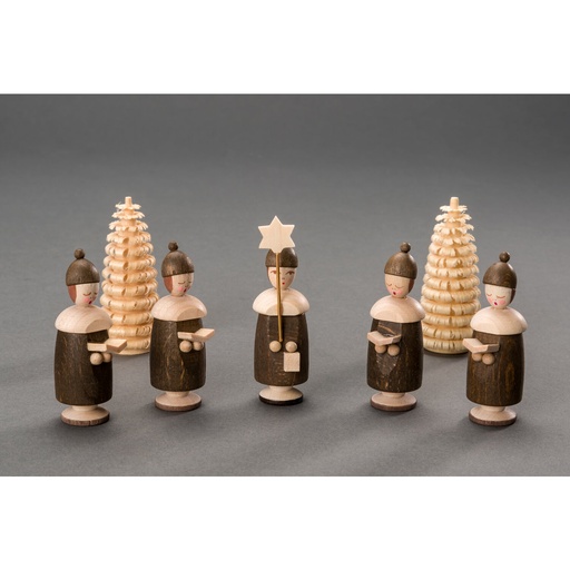 [AP 204/203] Kurrendefiguren mit Mütze – 1Sternträger, 4 Buchträger, 2 Ringelbäume 